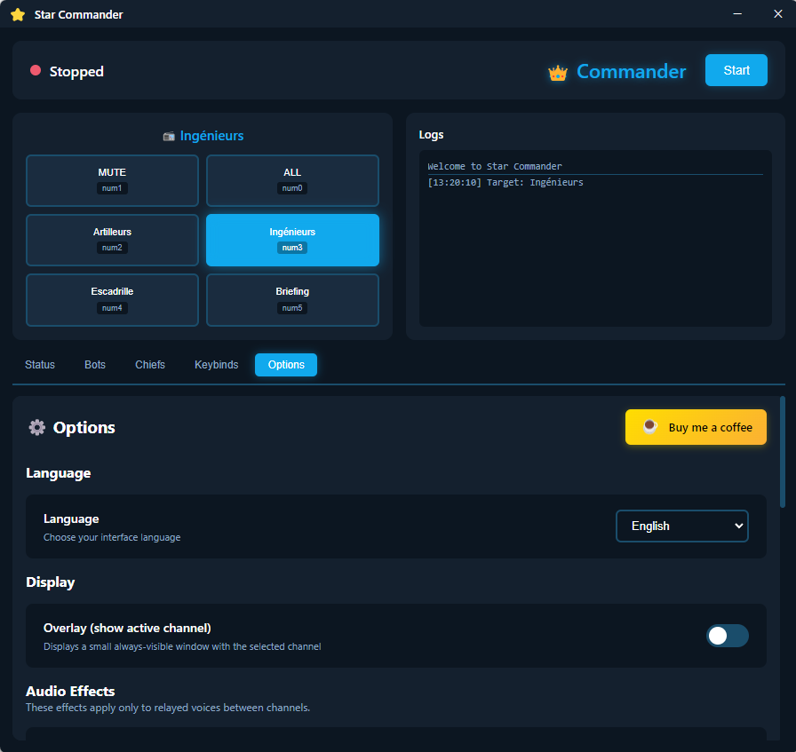 Options and configuration panel